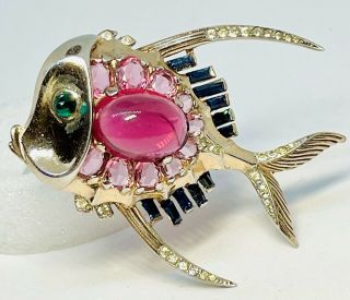 Large Sterling Trifari Alfred Philippe Ruby Cabochon Jeweled Fish - Rare Design