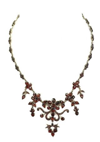 Antique Gilded Silver Bohemian Garnet Cluster Flower Necklace Rose Cut Gothic 16
