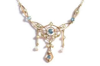 Antique Art Nouveau 9ct Gold Aquamarine & Pearl Necklace