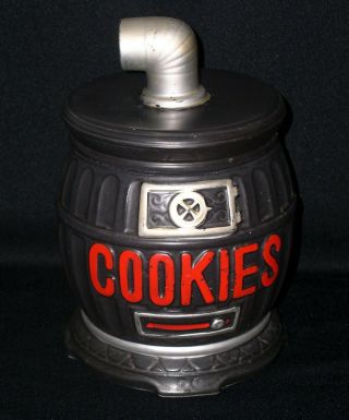 Pot Bellied Stove Ceramic Cookie Jar Black W/ " Cookie " Lettering 11 " Tall