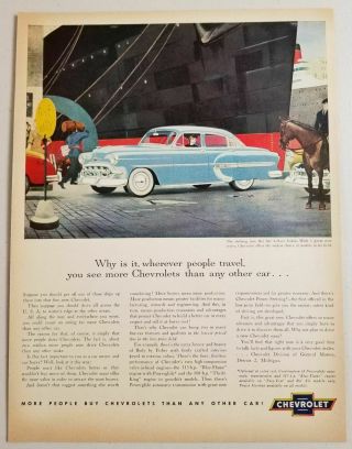1953 Print Ad Chevrolet Bel - Air 4 - Door Sedan Blue Car Ship At Dock