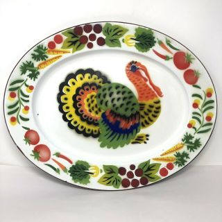 Vintage Thanksgiving Farmhouse Cottage Enamelware Platter Turkey 18 " X 14 "