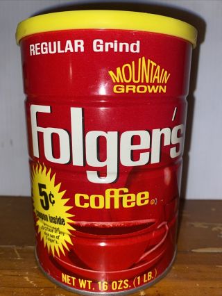 Vintage Folgers Coffee Can W/ Lid,  1 Lb Tin Mountain Grown 16 Oz.  Reg Grind House