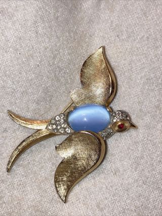 Rare Vintage Crown Trifari Jelly Belly Blue Moonstone Bird Brooch Pin Philippe