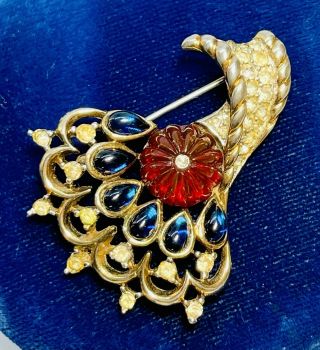 Rare Trifari Alfred Philippe Ruby Melon Cut Moghul Jewels Of India Paisley Pin