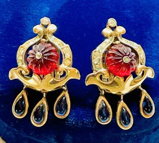 Rare Trifari Alfred Philippe Ruby Melon Cut Moghul Jewels Of India Earrings