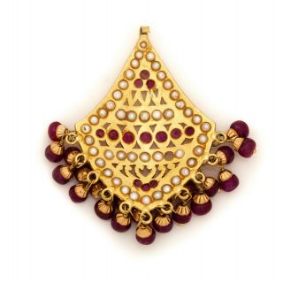 Antique Vintage Art Nouveau 22k Yellow Gold India Mughal Ruby Seed Pearl Pendant 4