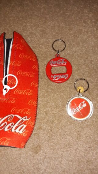Vintage Red Coca - Cola Bottle Opener Keychain W/ Another Keychain & Koozie