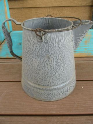 Antique Farmhouse Cowboy Coffee Pot Granite Ware Enamelware Gray Metal Kettle