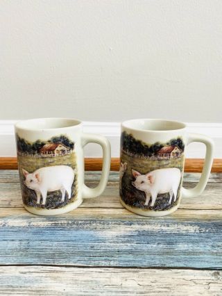Vintage Otagiri Pigs Coffee Mugs Made In Japan Barn Country Farm Animal