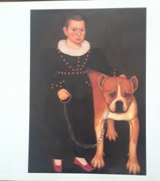 American Folk Art Print " Boy With Dog " 1800s,  10x10.  5