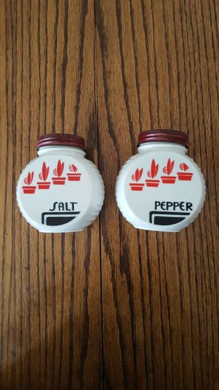 Vintage Salt & Pepper Shakers White Milk Glass W/ Red & Black Detailing