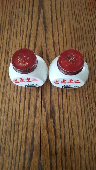Vintage Salt & Pepper Shakers White Milk Glass w/ Red & Black detailing 2