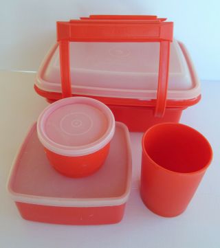 Vintage Tupperware Pak - N - Carry Red Lunch Box/ice Cream Box W/extras