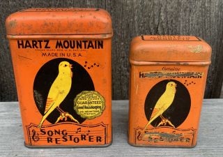 2 Vintage Advertising Tin Can Hartz Mountain Bird Foods Canary Song Restorer