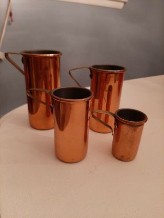 Vintage Copper Measuring Cups Brass Handle Set Of Four