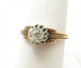 Antique 12k Two - Tone Gold 1/2c Old Mine Cut Diamond Etched Solitaire Ring
