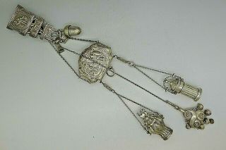 French C.  1790 Solid Silver Chatelaine Complete Boxeswhistle Sewing Mop Rare