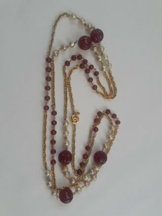 1984 Rare Vintage Authentic Chanel Necklace Cherry Red Faux Pearls 74 " Goldtone