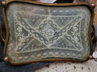 VINTAGE PETIT POINT LACE AND GLASS BRASS DRESSING TABLE TRAY 2