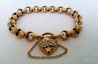 9ct Gold & Diamond Victorian Fancy Link Heart Clasp Bracelet C1898 32.  47 Grams
