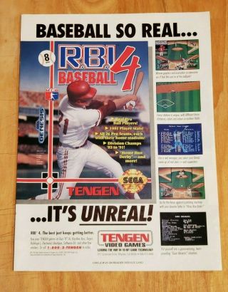 R.  B.  I Baseball 4 Sega Genesis Video Game Print Ad Advertisement 1992