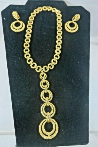 Trifari Circular Tie Style Gold Tone Necklace & Matching Clip - On Earrings