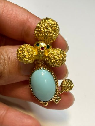 18k Gold French Poodle Brooch Pin Turquoise Gems Italy Modern