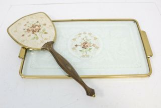 Vintage Floral Art Deco Handheld Mirror & Tray Vanity Set Accessories