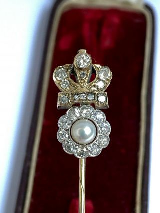 Antique Imperial Russian Faberge 14К 56 Gold & Diamond Crown Stick Pin Brooch