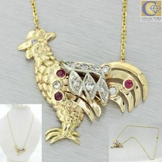 1930s Art Deco 14k Yellow Gold Year Of The Rooster Diamond Ruby Pendant Necklace