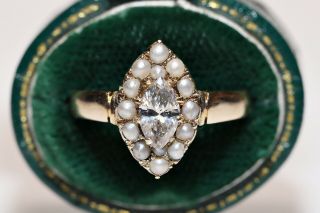 Antique 14k Gold Victorian Diamond And Pearl Decorated Navette Ring