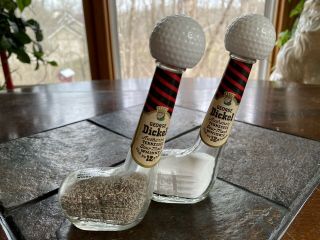 Vtg George Dickel Sour Mash Whiskey Glass Golf Club Salt & Pepper Shakers 1967