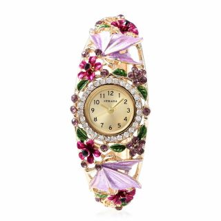 Strada White Crystal Japanese Movement Bangle Cuff Bracelet Watch In Goldtone
