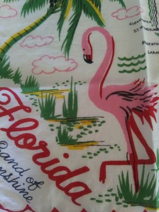 Vintage Florida Souvenir Handkerchief With Pink Flamingo And State Map
