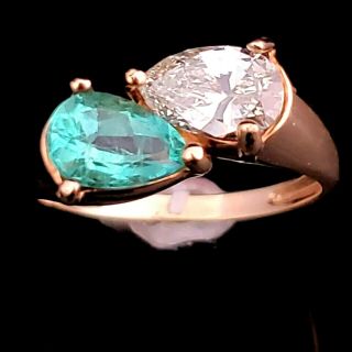 Vintage Pear Cut Diamond Emerald 14k Yellow Gold Toi At Moi Soulmate Ring Gift