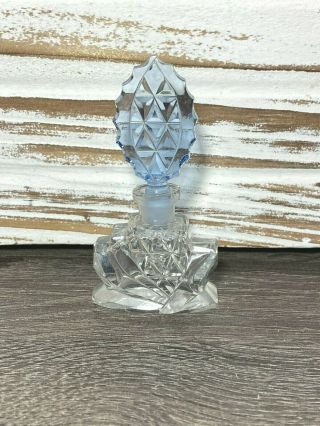 Vintage Art Deco Clear Cut Glass Perfume Bottle With Light Blue Stopper 3.  5 " T