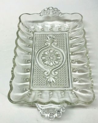 VINTAGE VICTORIAN CLEAR PRESSED GLASS DRESSER TRAY VANITY CANDY DISH 8.  5 