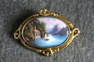 Unusual Tiny Antique Swiss Enamel 18k Gold Brooch Swiss Alps Landscape Painting