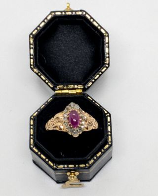 Antique Victorian Ruby & Diamond Halo Ring 10k Yellow Gold Size 7