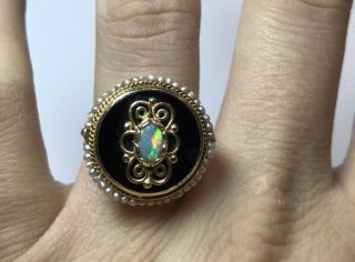 Antique 14k Yellow Gold Opal Onyx & Pearl Ring Estate Victorian Style Sz 7.  5