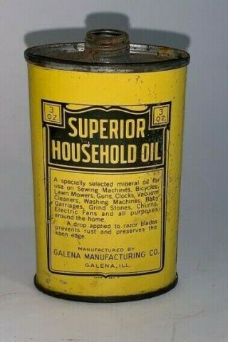 Vintage,  Superior Household Oil,  3 Oz. ,  Oiler Can (galena Mfg. ,  Galena,  Ill. )