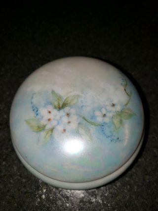 Vintage Porcelain Trinket Box Round Hand Painted Forget Me Not Flowers