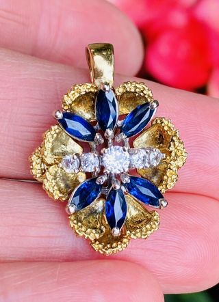 Vintage Retro Estate 18k Gold 1.  63ct Diamond Blue Sapphire Butterfly Pendant