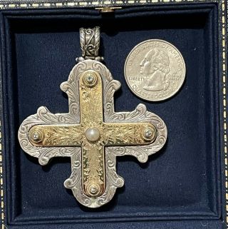 Konstantino Cross Pendant 18k Gold Ss Blue Topaz And Pearl