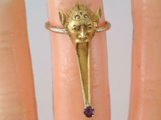 Rare Antique Art Deco Solid 18k Gold Devil Head Ruby Ring Long Tongue Sz 5 3/4