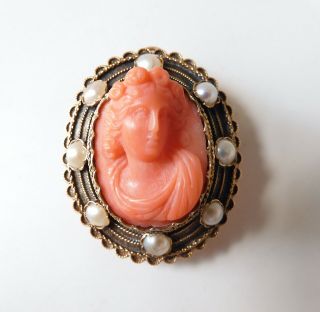 Antique French 18k Gold Coral Cameo Pendant Brooch W/ Folding Bail & Watch Hook