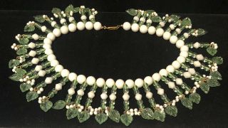 Miriam Haskell Necklace Rare Vintage 16 " X2 " Signed White Green Glass Dangle A55