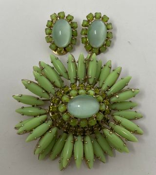 Vintage Schreiner Chartreuse Green Ruffle Rhinestone Pin Brooch & Earrings Set