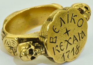 300 Years Old Pre - Georgian Occultist Memento Mori Skulls 24k Gild Silver Ring